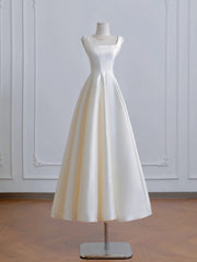 Ivory Satin Tea Length Simple Style Wedding Party Dress, Ivory Satin Prom Dress Formal Dress