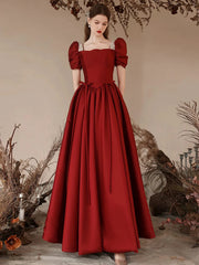 Wine Red Short Sleeves Pearls Long Prom Dress, Wine Red A-line Party Dress
