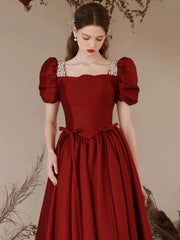Wine Red Short Sleeves Pearls Long Prom Dress, Wine Red A-line Party Dress