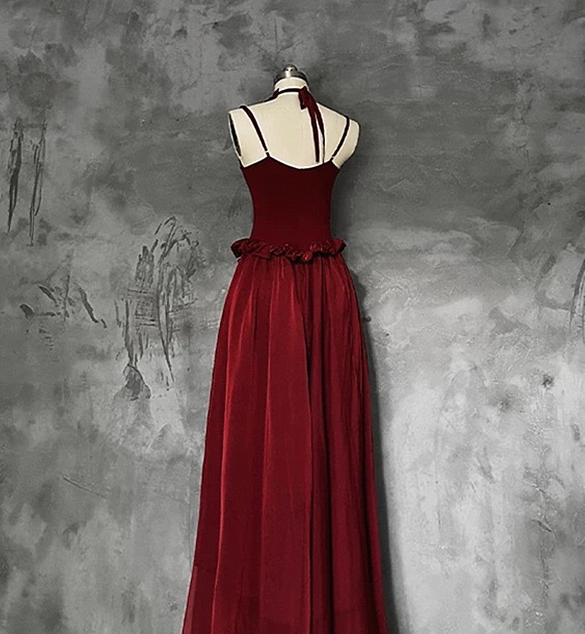 Dark Red Straps Long Party Dress Maxi Dress, Chiffon Flowy Long Party Dress