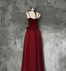 Dark Red Straps Long Party Dress Maxi Dress, Chiffon Flowy Long Party Dress