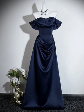 A-line Navy Blue Satin Off Shoulder Long Party Dress, Navy Blue Long Prom Dress
