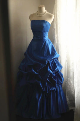 Elegant Blue Strapless Taffeta Prom Dress,Blue Elegant Long Formal Dress Evening Dress