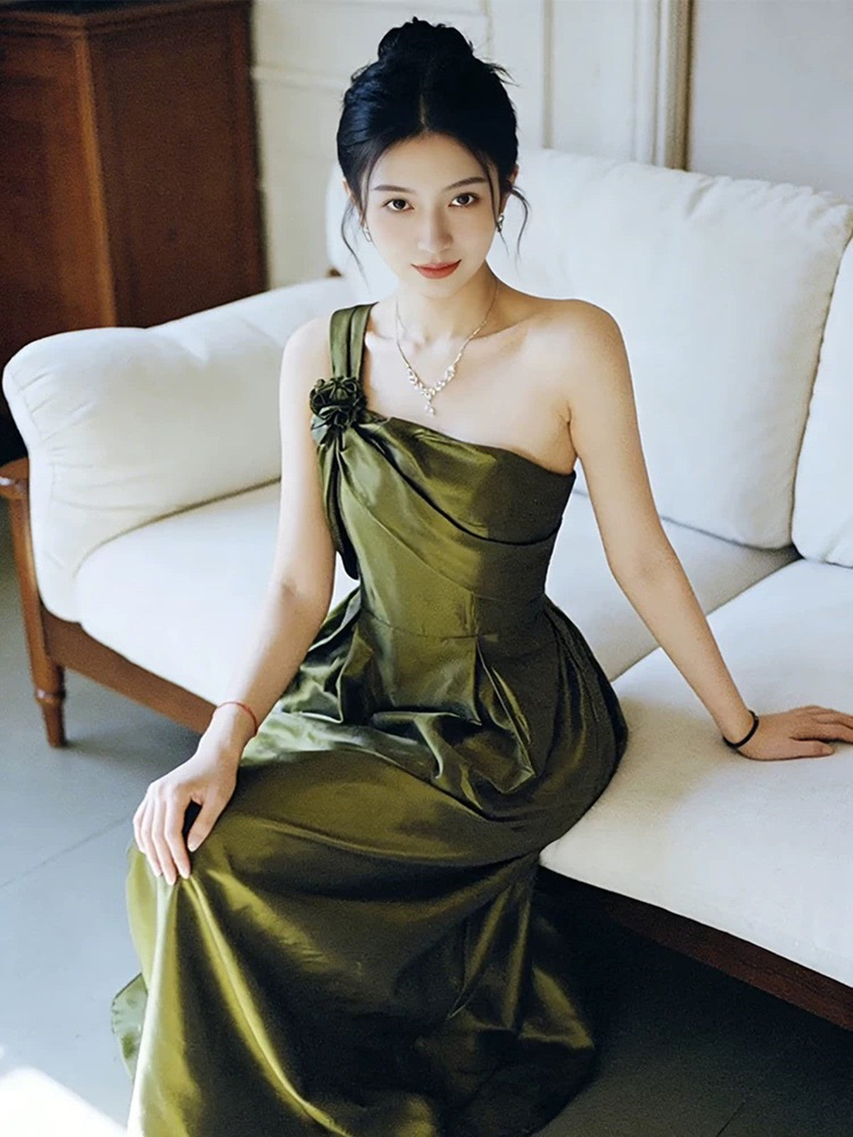Elegant Olive Green One Shoulder Satin Prom Dress, Vintage-Inspired A-Line Formal Dress