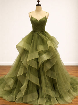 Olive Green Tulle Ball Gown Tiered Ruffle Prom Dress, Olive Green Party Dress Formal Dress