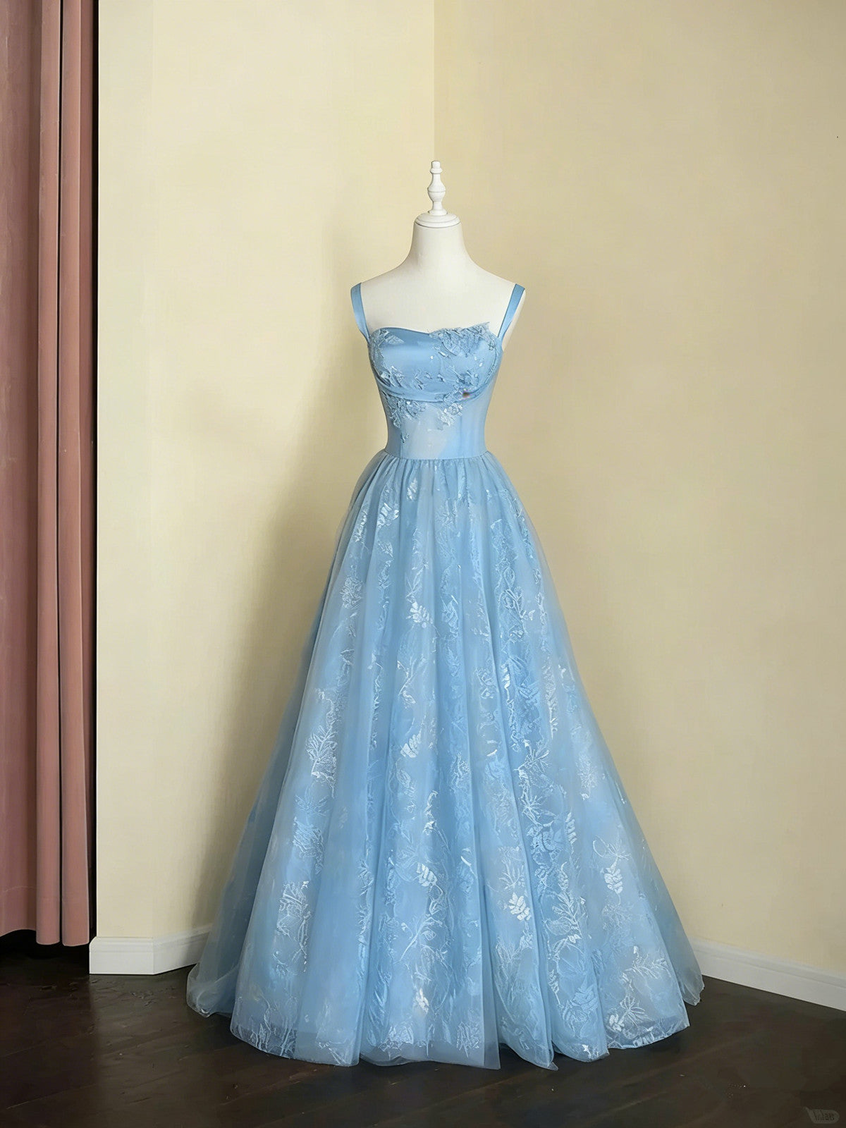 A-line Light Blue Tulle and Lace Straps Party Dress, Light Blue Floor Length Prom Dress