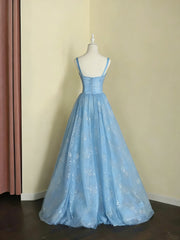 A-line Light Blue Tulle and Lace Straps Party Dress, Light Blue Floor Length Prom Dress