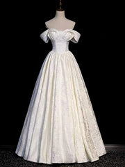 Light Champagne Off Shoulder Sweetheart Prom Dress, Floral A-line Long Evening Dress