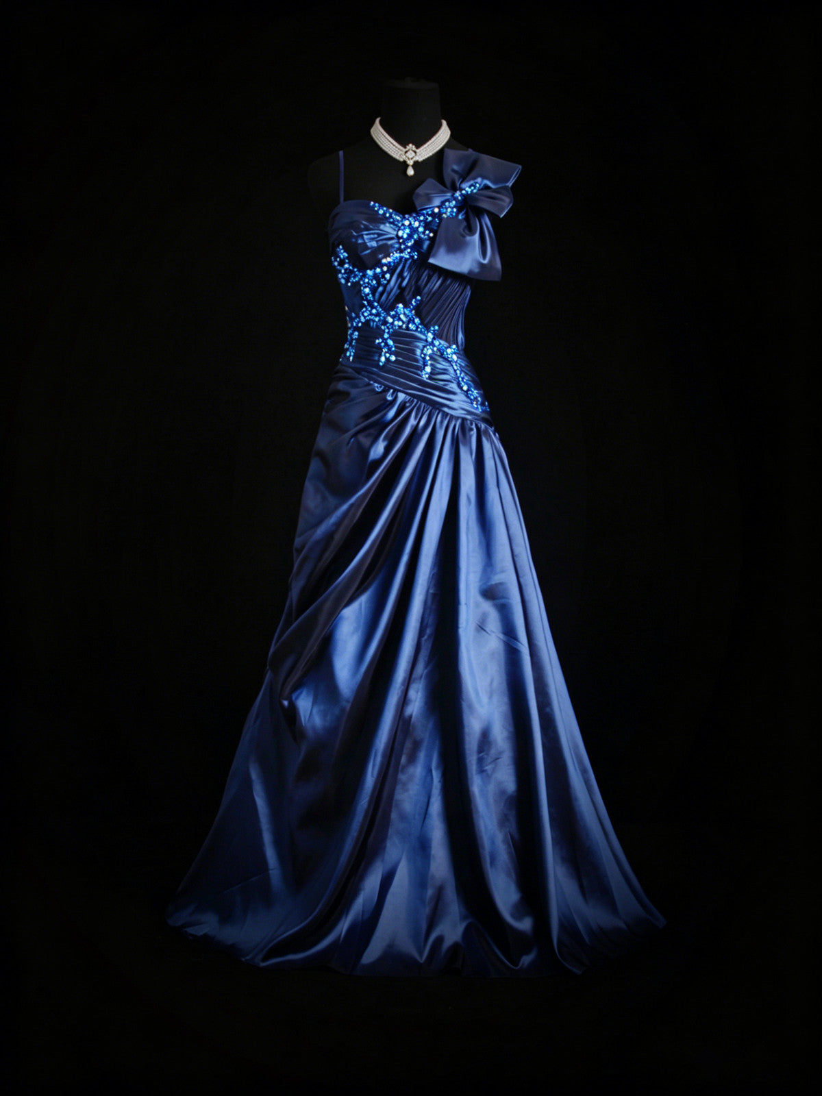A-line Navy Blue Beaded Straps Long Prom Dress, Blue Sweetheart Formal Dress with Bow
