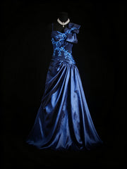 A-line Navy Blue Beaded Straps Long Prom Dress, Blue Sweetheart Formal Dress with Bow