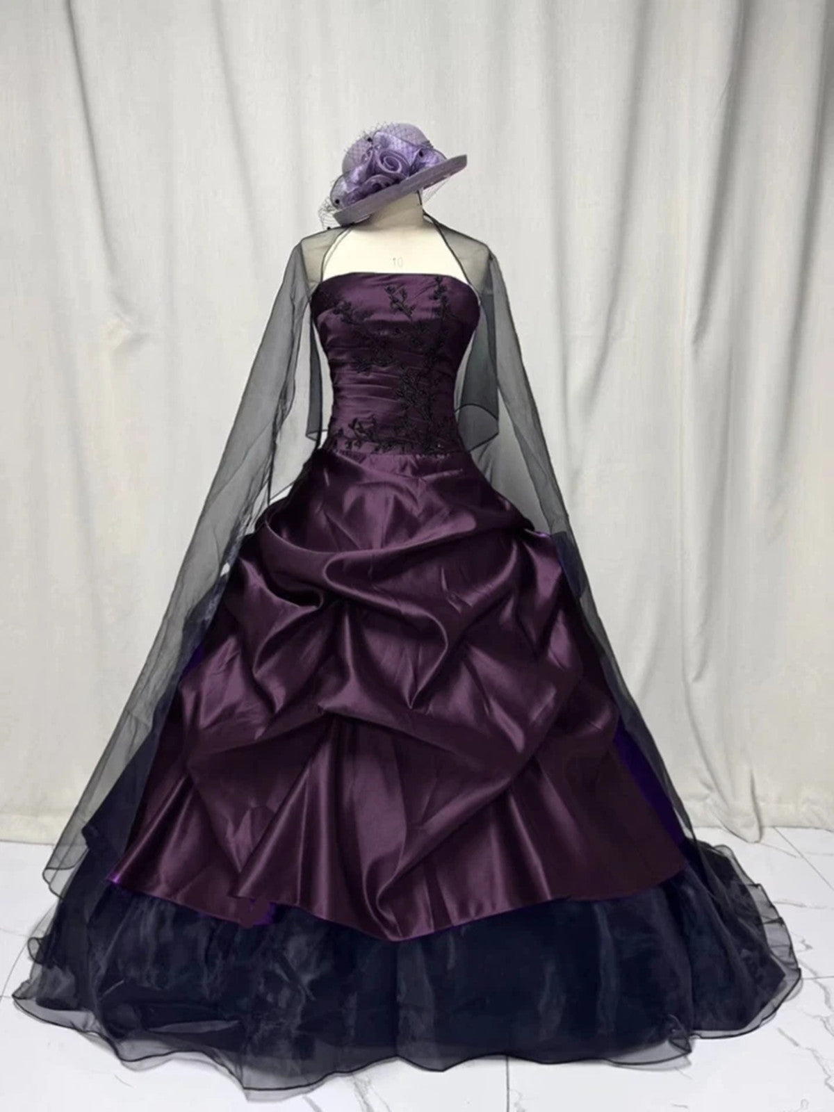 Dark Purple Strapless Embroidery Ball Gown Prom Dress, Ruched Gothic Formal Evening Dress
