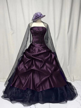 Dark Purple Strapless Embroidery Ball Gown Prom Dress, Ruched Gothic Formal Evening Dress