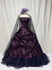 Dark Purple Strapless Embroidery Ball Gown Prom Dress, Ruched Gothic Formal Evening Dress