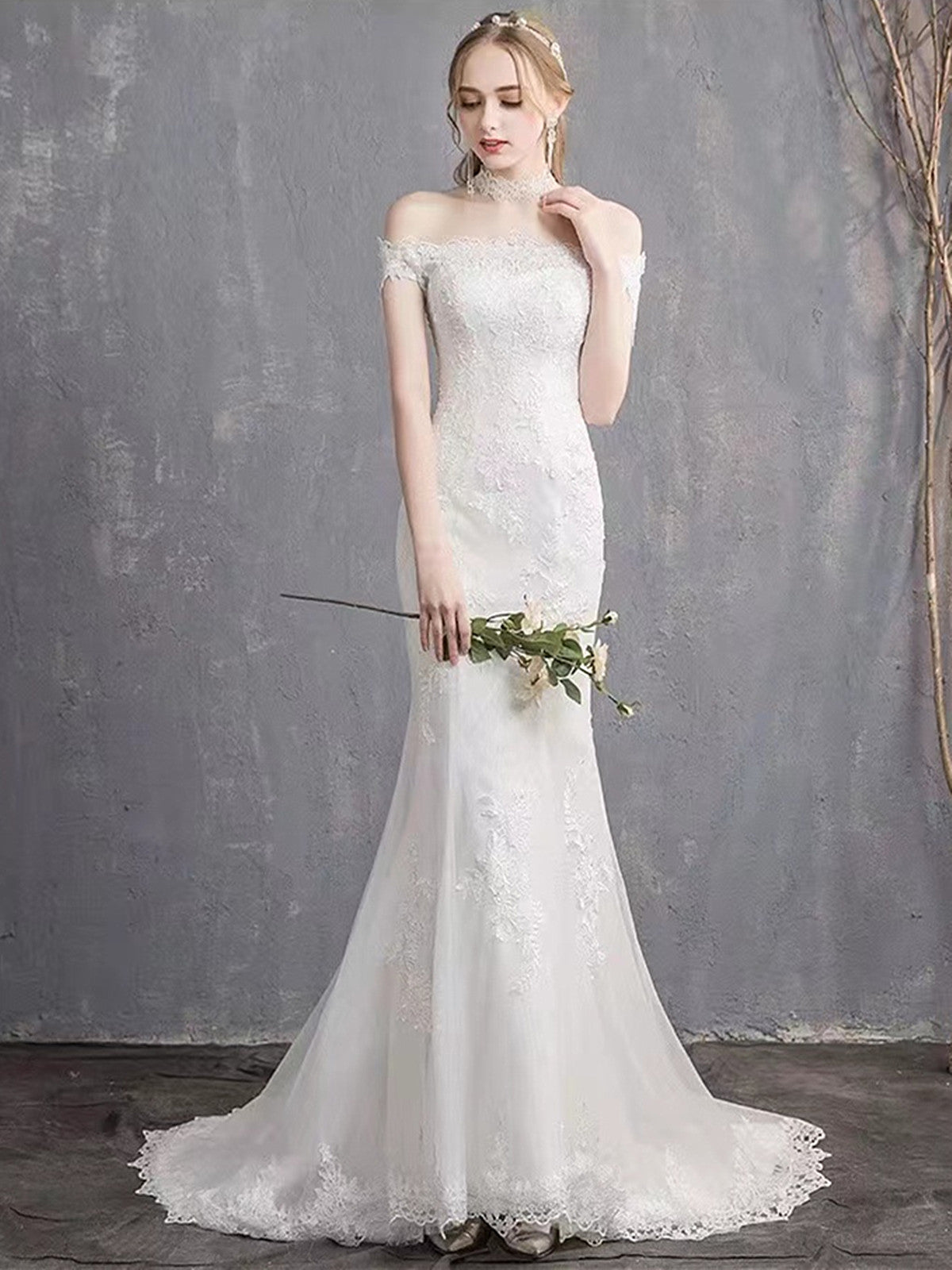 Ivory Mermaid Tulle with Lace Applique Wedding Dress, Off Shoulder Long Wedding Gowns