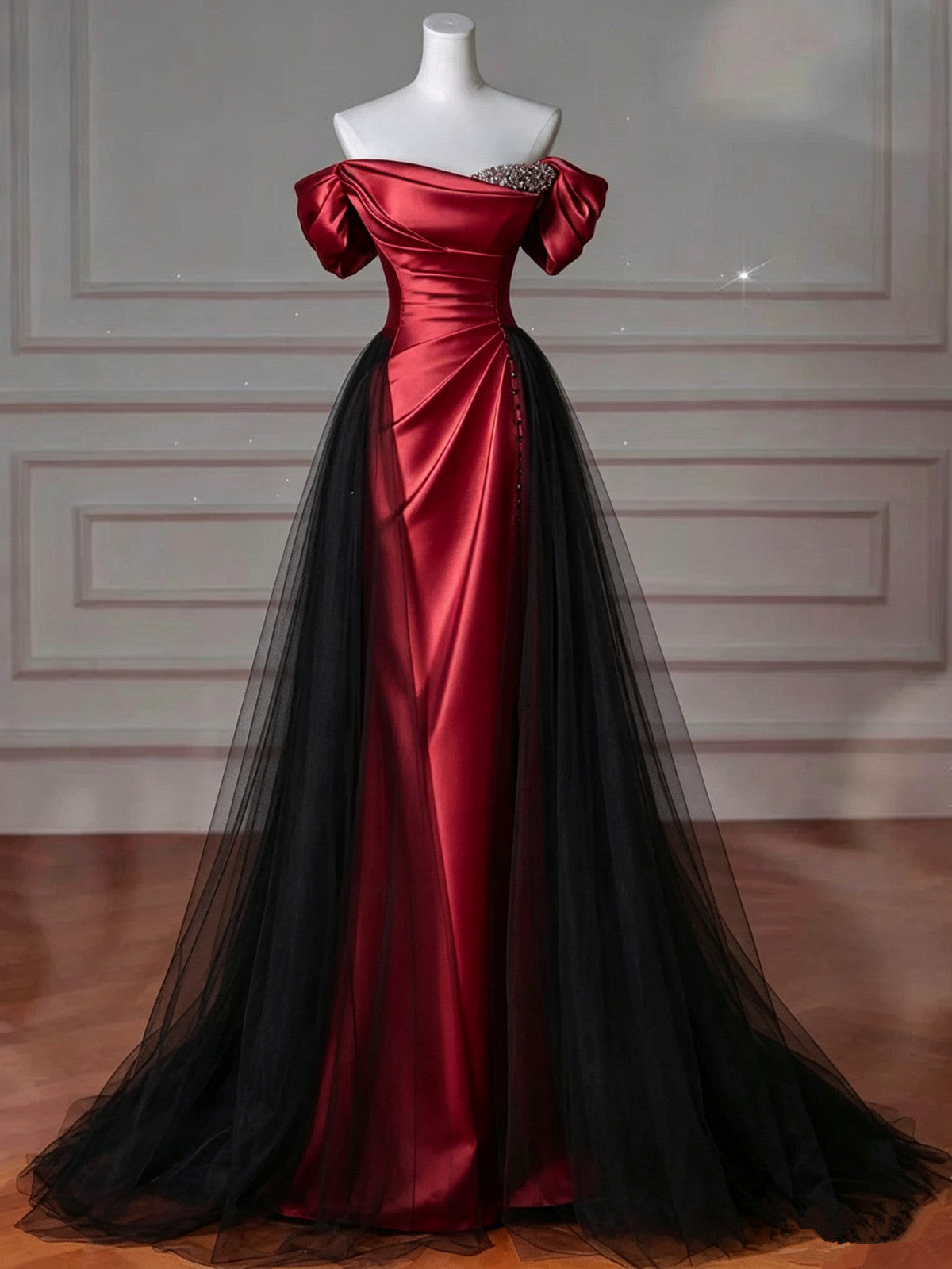 Black and Red Beaded Sweetheart A-line Prom Dress, Black and Red Long Formal Dress