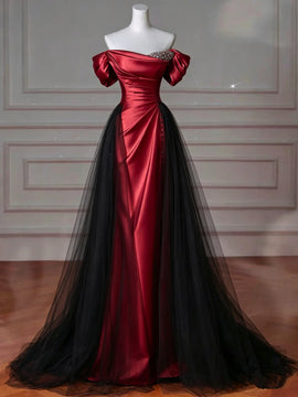 Black and Red Beaded Sweetheart A-line Prom Dress, Black and Red Long Formal Dress