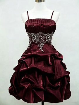 Wine Red Puffy Satin Short Party Dress with Lace, A-Line Straps Homecoming Dress with Lace-Up Back