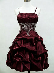Wine Red Puffy Satin Short Party Dress with Lace, A-Line Straps Homecoming Dress with Lace-Up Back