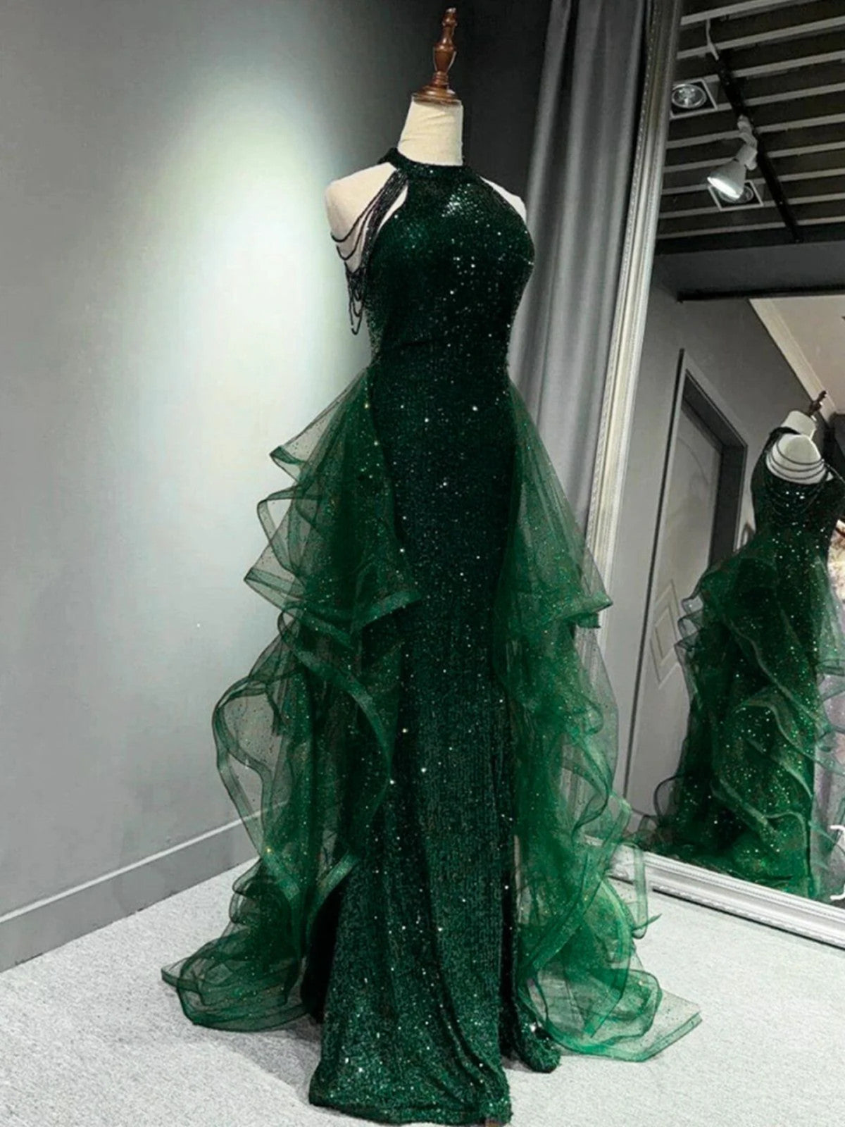 Green Sequins and Halter A-line Long Party Dress, Green Chic Long Prom Dress Evening Dress