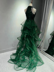 Green Sequins and Halter A-line Long Party Dress, Green Chic Long Prom Dress Evening Dress