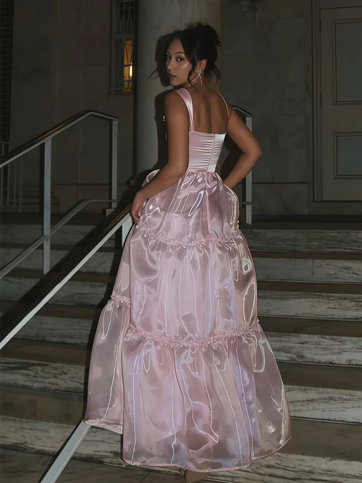 Pink Organza Straps Long Party Dress Prom Dress, Lovely Pink Floor Length Evening Dress