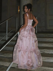 Pink Organza Straps Long Party Dress Prom Dress, Lovely Pink Floor Length Evening Dress