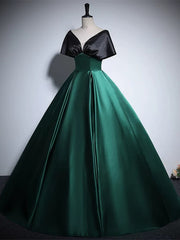 Chic Black and Green Satin Off Shoulder Long Party Dress, Floor Length Prom Dress