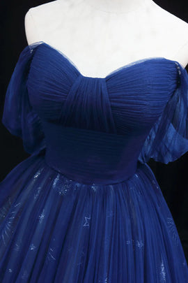 A-line Blue Tulle Sweetheart Off Shoulder Party Dress, Blue Tulle Evening Dress Prom Dress