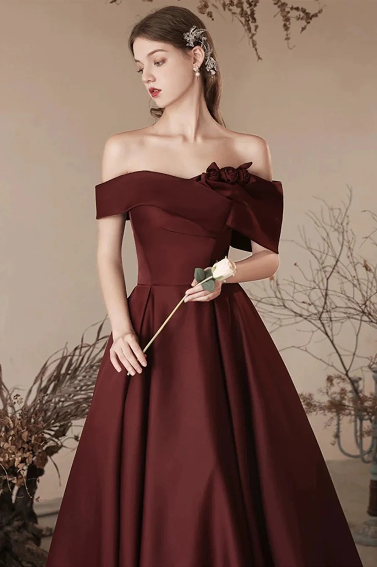 Chic Burgundy Satin Off Shoulder Party Dress, Satin Simple Prom Dress Cutedressy Chic Burgundy Satin Off Shoulder Party Dress, Satin Simple Prom Dress Cutedressy