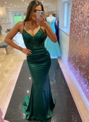 Chic Green Mermaid Straps V-neckline Satin Long Prom Dress, Green Evening Dress