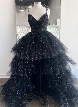 Black Tulle A-line Layers Long Party Dress, Black Tulle Prom Dress