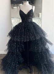 Black Tulle A-line Layers Long Party Dress, Black Tulle Prom Dress