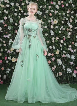 Light Green Puffy Sleeves Long Formal Dress, Green Long Tulle Party Dress