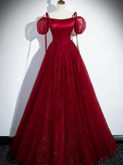 Wine Red Tulle and Sequins A-line Party Dress, Wine Red Tulle Prom Dress