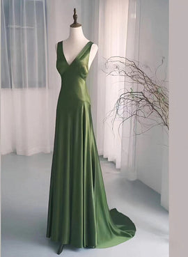 A-line Green Satin V-neckline Low Back Prom Dress, Green Evening Dress