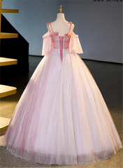 Pink Tulle Off Shoulder Sweetheart Long Formal Dress, Pink Beaded Sweet 16 Dress