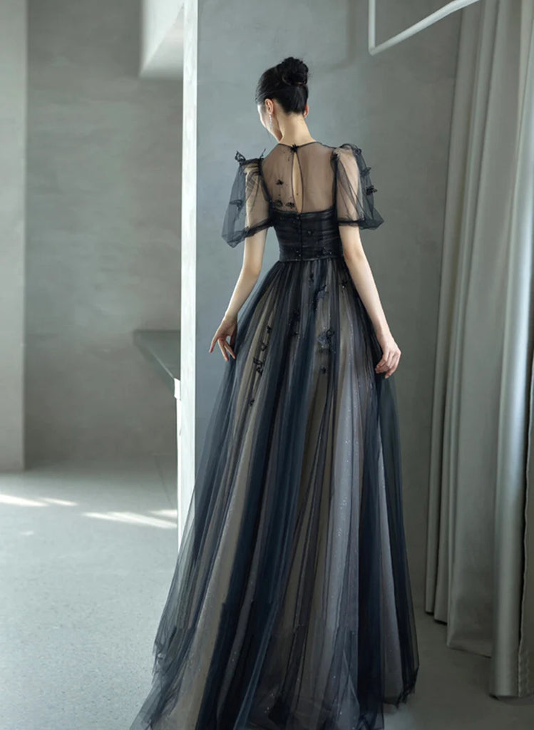 Cute Tulle and Lace Long Party Dress, A-line Tulle Short Sleeves Bridesmaid Dress