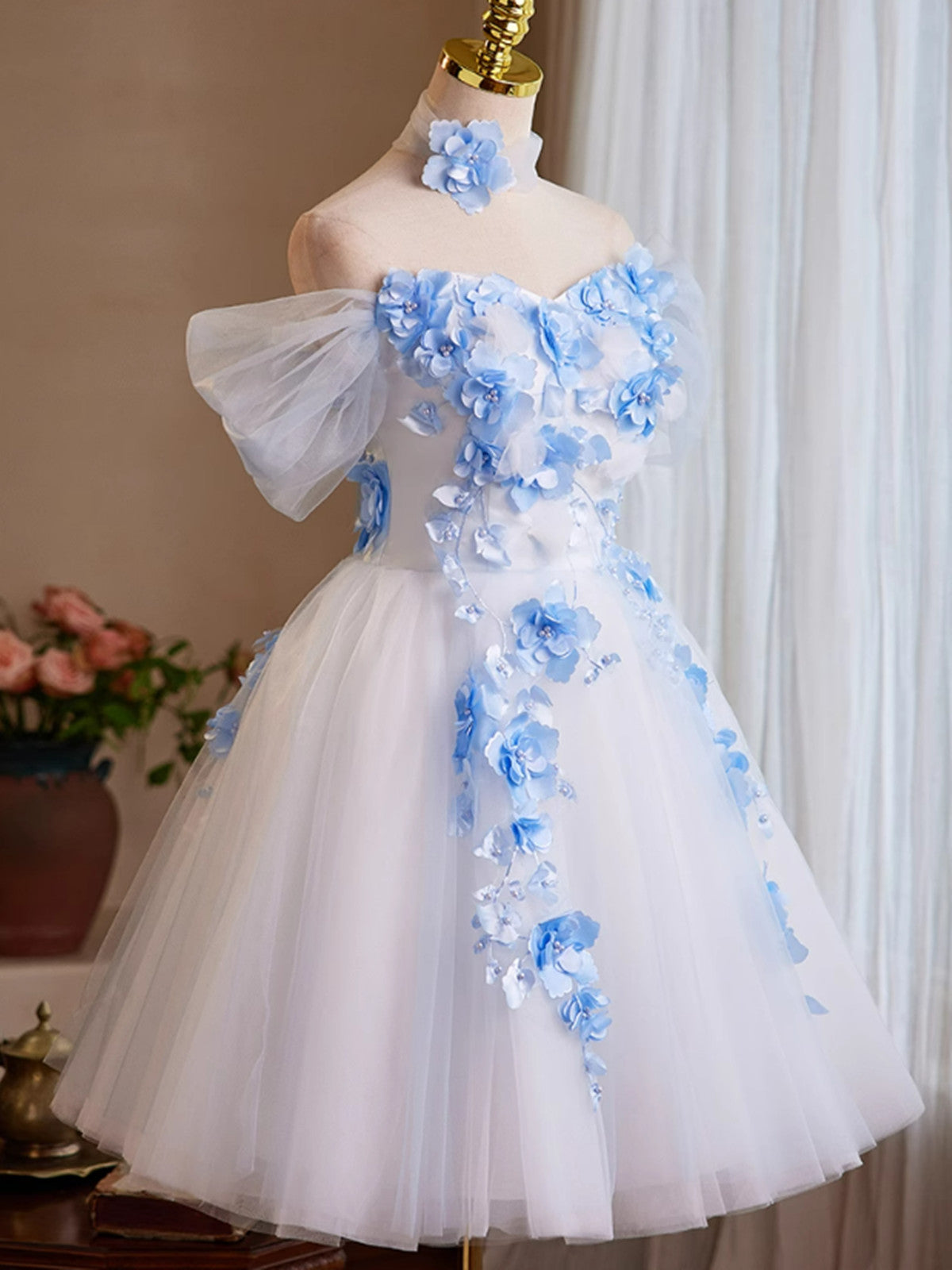 Cute White Short Tulle with Flowers Homecoming Dress, Cute White Short Cutedressy Cute White Short Tulle with Flowers Homecoming Dress, Cute White Short Cutedressy