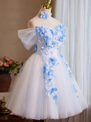 Cute White Short Tulle with Flowers Homecoming Dress, Cute White Short Party Dress