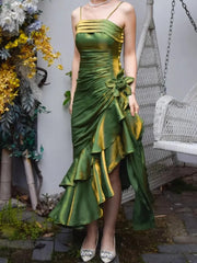 Green Straps High Low Satin Chic Party Dress, Green Prom Dress Evening Dress