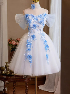 Cute White Short Tulle with Flowers Homecoming Dress, Cute White Short Party Dress