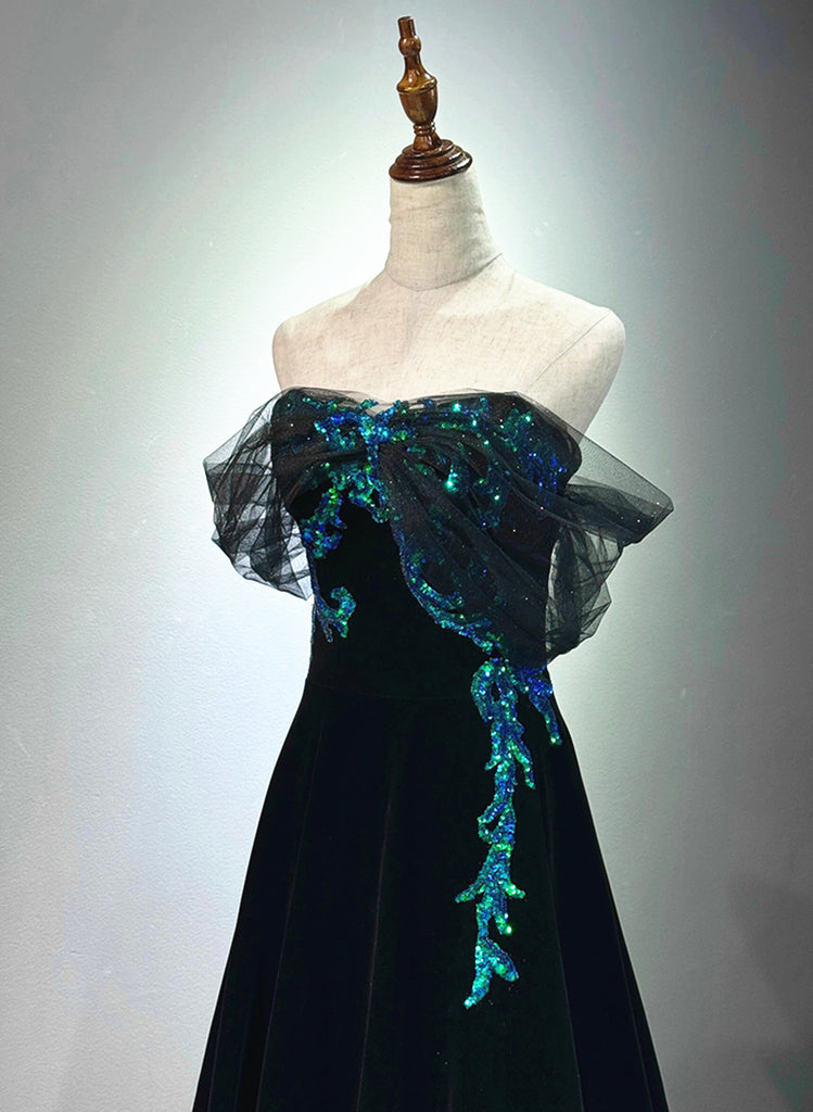 Beautiful Off Shoulder Velvet and Tulle Long Party Dress, A-line Evening Dress Prom Dresse