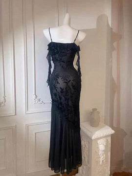 Black Lace Mermaid Maxi Dress Prom Dress, Gothic Lace Black Evening Dress