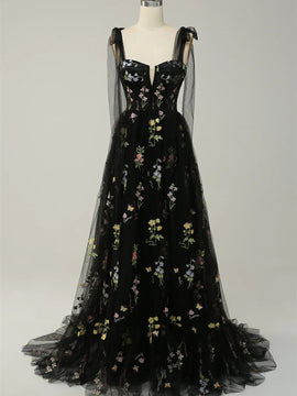 Black Floral Tulle Straps A-line Long Party Dress, Black Tulle Prom Dress Evening Dress