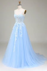 A-line Tulle Blue with Lace Sweetheart Straps Party Dress, Blue Formal Dress