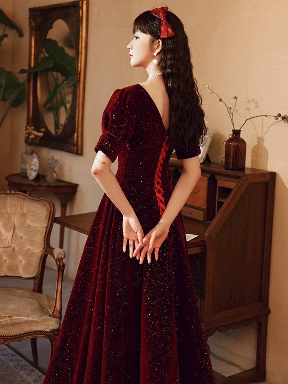 red velvet a line dress Amora A-line Cold Shoulder Sleeved Velvet Mini Dress