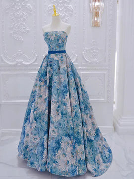 Blue Strapless A-line Floral Long Party Dress, Blue Floral Prom Dress Evening Dress