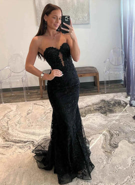 Black Lace Mermaid Sweetheart Long Party Dress, Black Lace Prom Dress