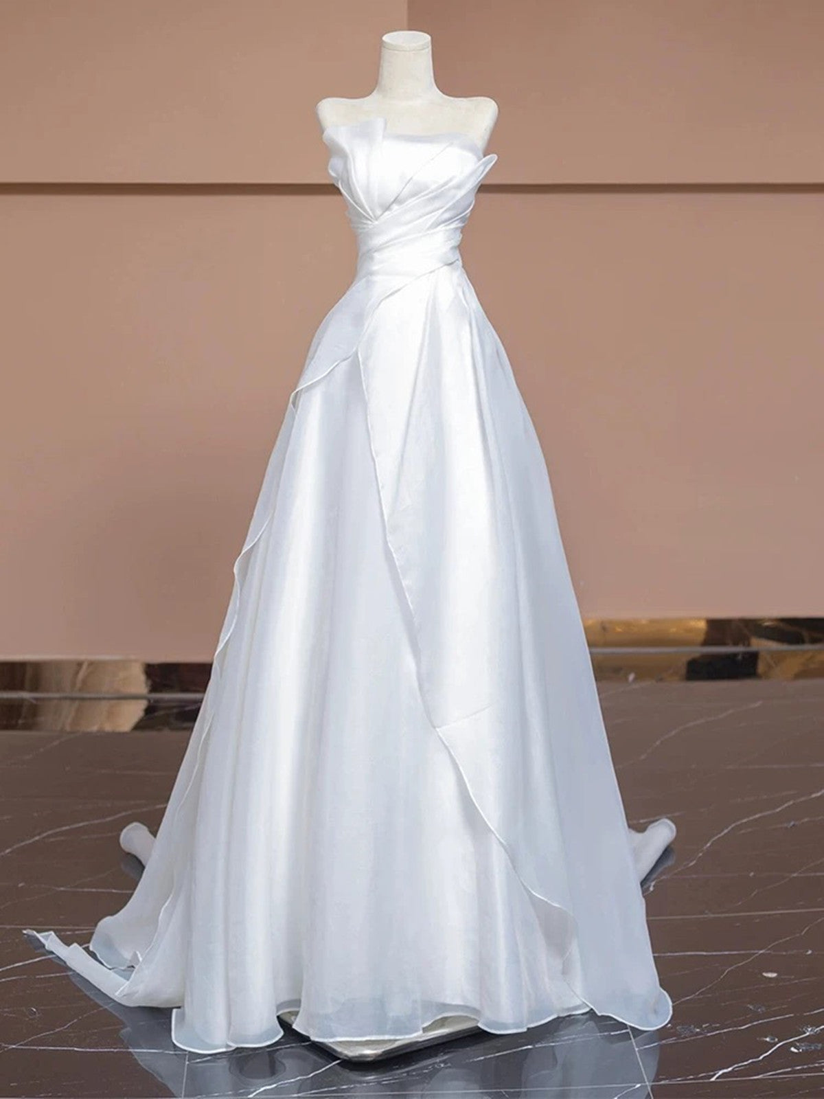 White A-line Strapless Long Wedding Party Dress, White Simple Formal Dress