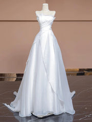 White A-line Strapless Long Wedding Party Dress, White Simple Formal Dress